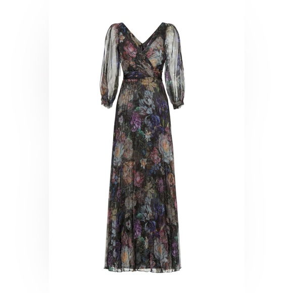 $895 Marchesa Notte Metallic Floral Pleated Gown maxi black RTR Flowy blue red - Picture 5 of 8